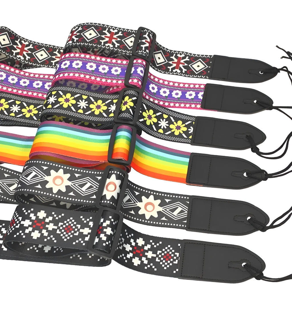 Printed cloth guitar strap showing eight graphic design options including national flag and space patterns