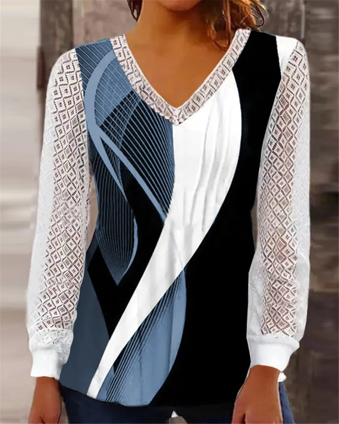 Purple loose fit V-neck women's top with long sleeves and a hollow-out lace print design.