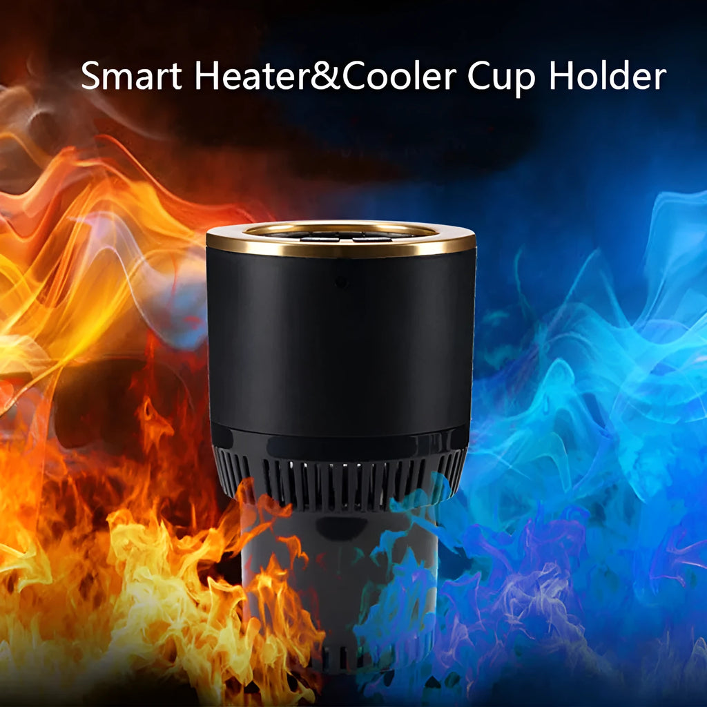 White car cup heater cooler with aluminium interior, plugged into 12V outlet, holding a metallic can