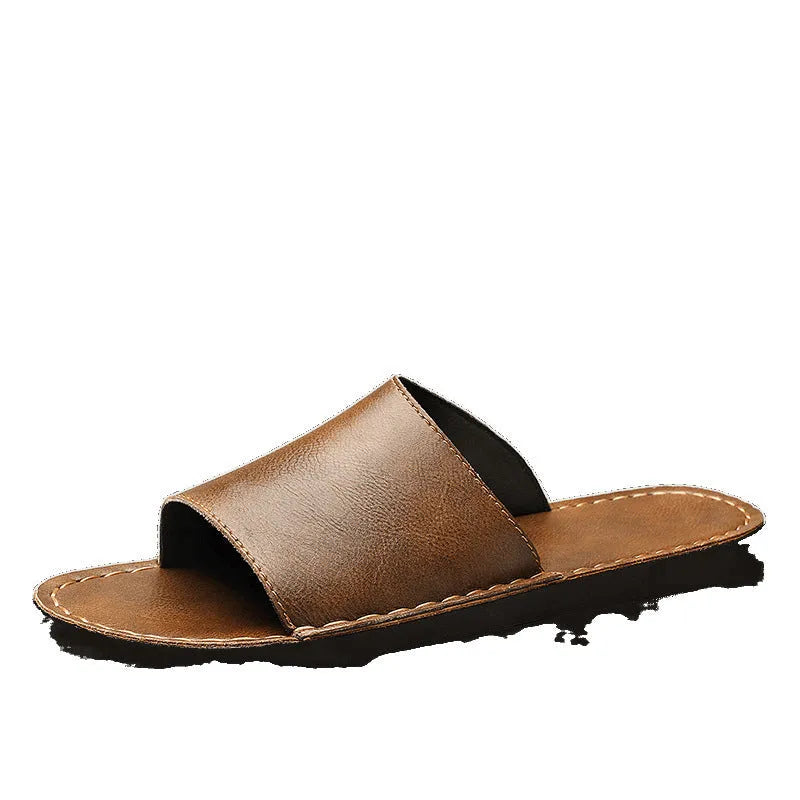 Men's brown leather sandals with rubber sole showing size range from 38 to 48
