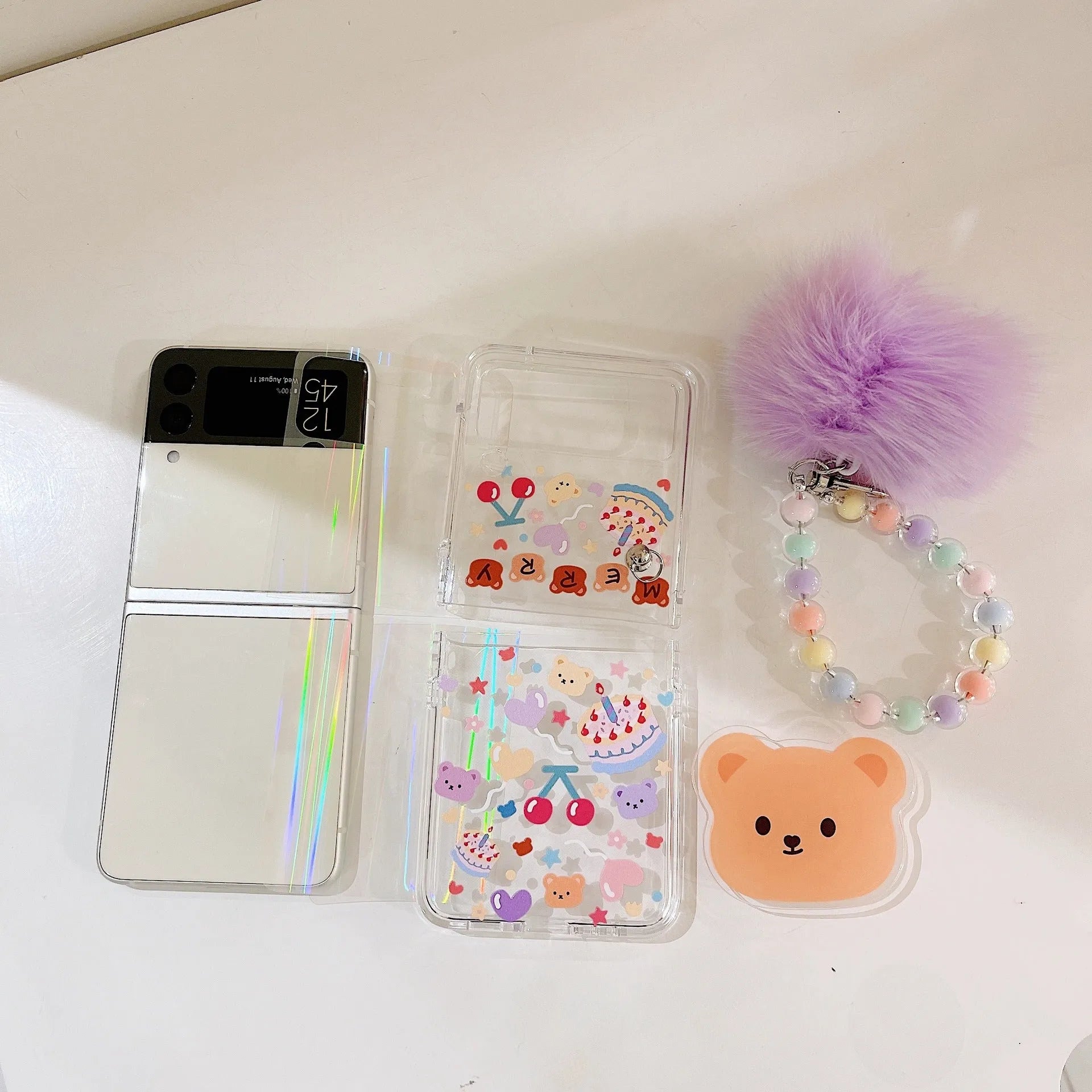 Transparent PC phone case with purple fur ball and cartoon bear head bracket for Samsung ZFlip3 and ZFlip4