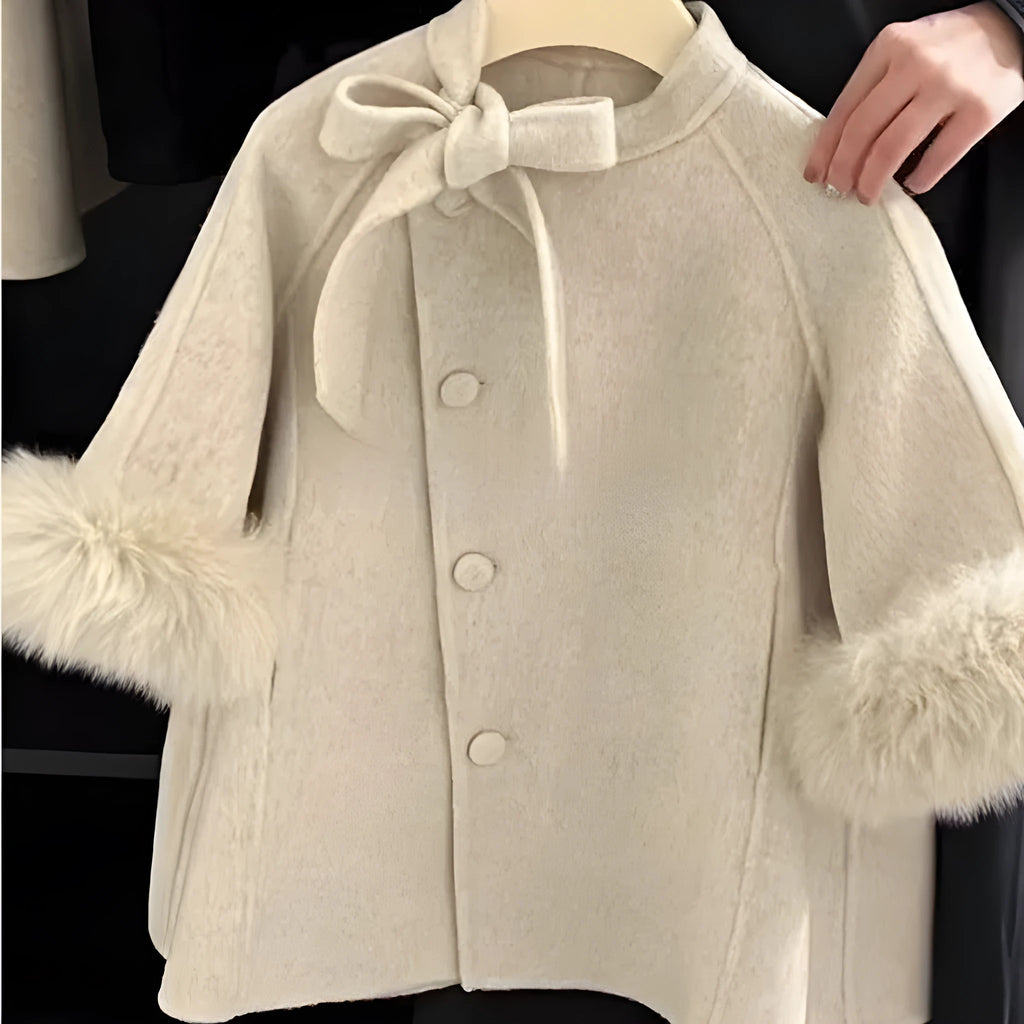Beige baby girl coat autumn winter polyester single-breasted mid-length long sleeves suitable height 100-150cm no hood