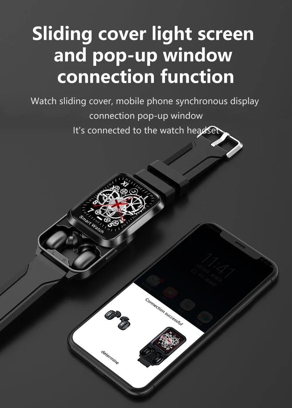 Bluetooth smart bracelet with split screen display on silicone wristband showing call functionality interface