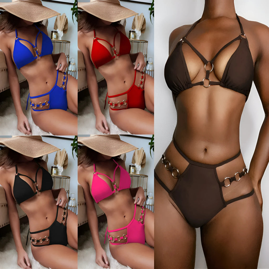 Women's pure colour nylon bikini set with separate top and shorts on a neutral background.