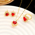 Women's gold red titanium steel necklace with hearts flower pendant, matching earrings and ring jewellery set