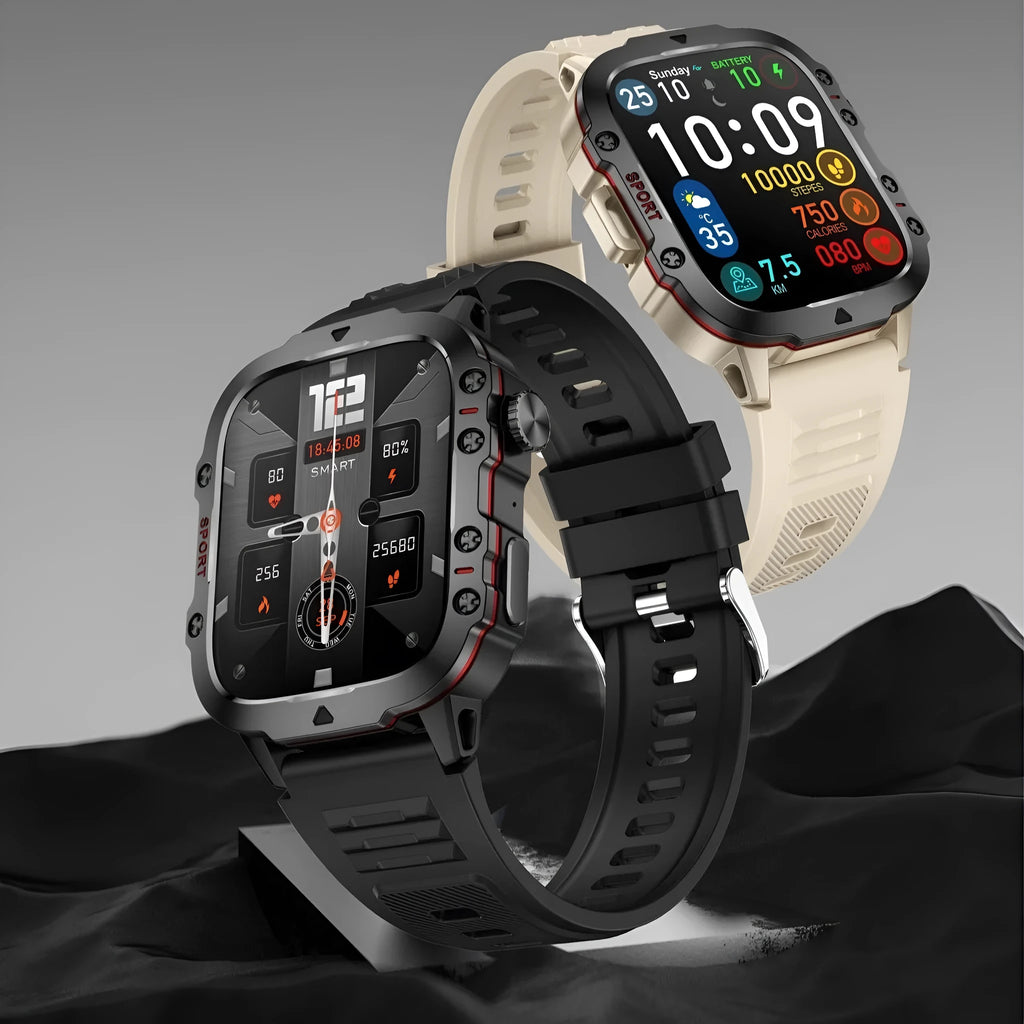 Sports outdoor Bluetooth calling watch with TFT screen, black silicone strap, showing heart rate monitoring display