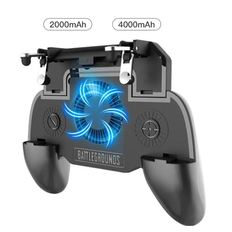 Black USB mobile game controller for smartphones with integrated grip and function buttons.
