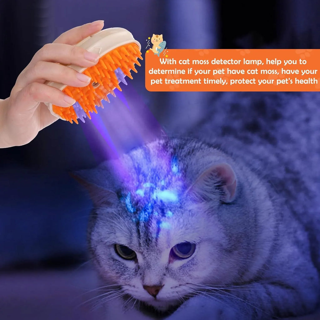 Yellow cat steam brush with silicone bristles, water tank, and ringworm detector lamp for pet grooming