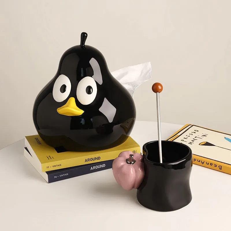 White porcelain ceramic pear-shaped tissue box with animal design in green colour