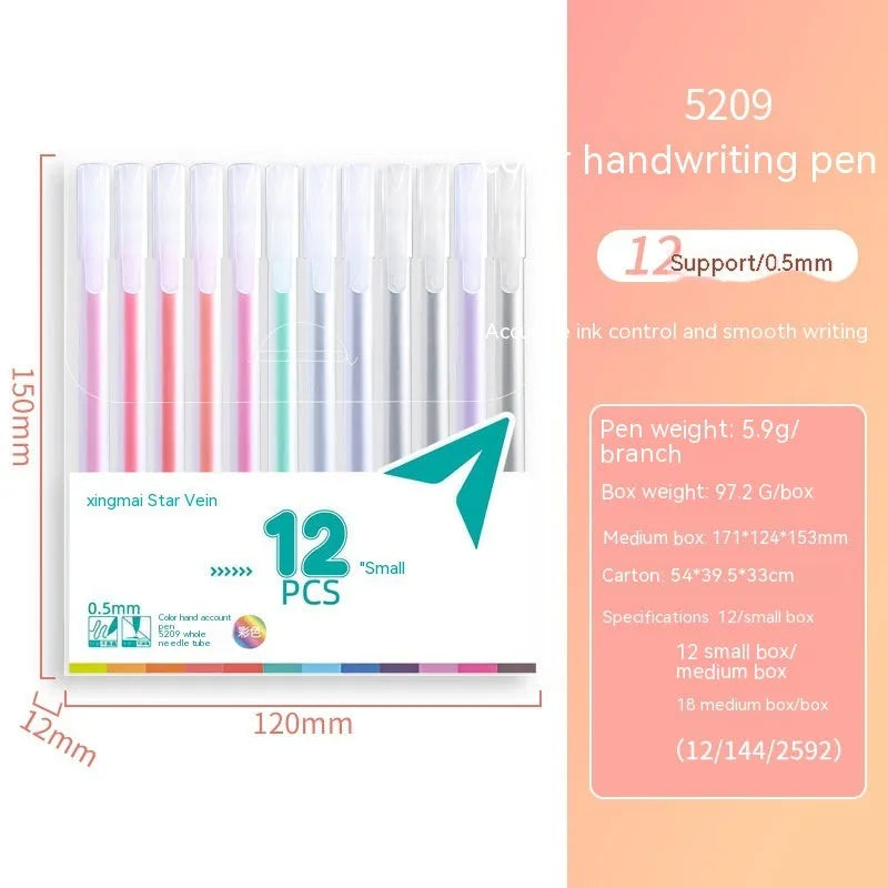 Boxed set of twelve coloured gel pens with 0.5 mm fine tips on a white background