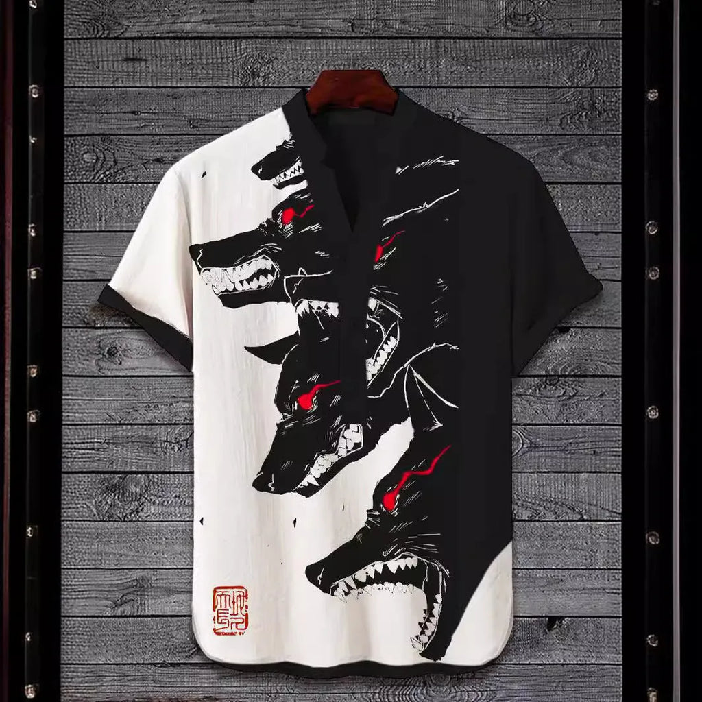 Men's short sleeve shirt featuring a detailed 3D digital animal pattern print on polyester fabric.