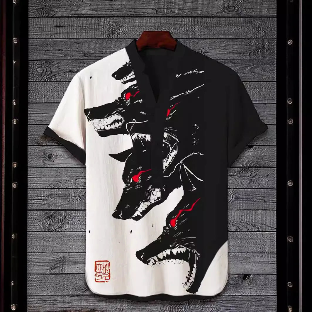 Men's short sleeve shirt featuring a detailed 3D digital animal pattern print on polyester fabric.