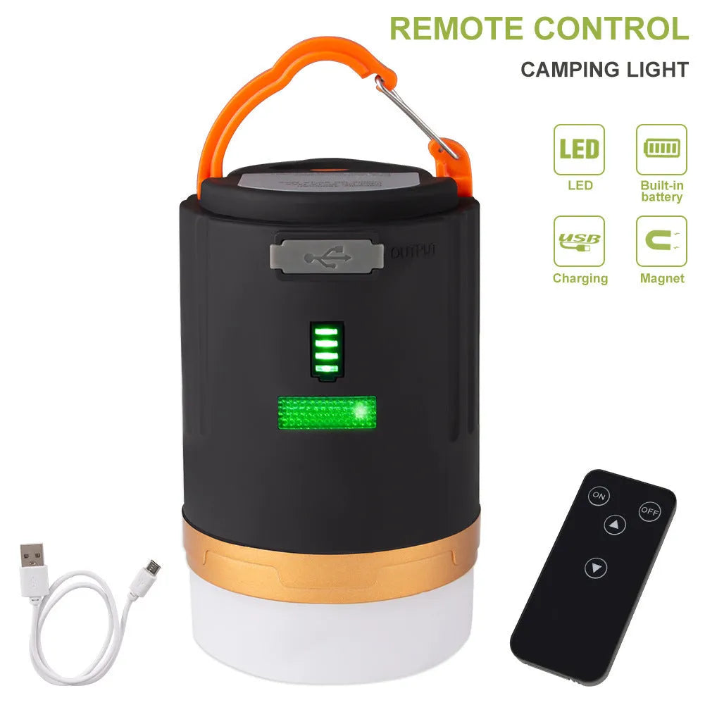 Black rechargeable LED camping light with remote control, hanging hook, and magnet, IPX6 waterproof