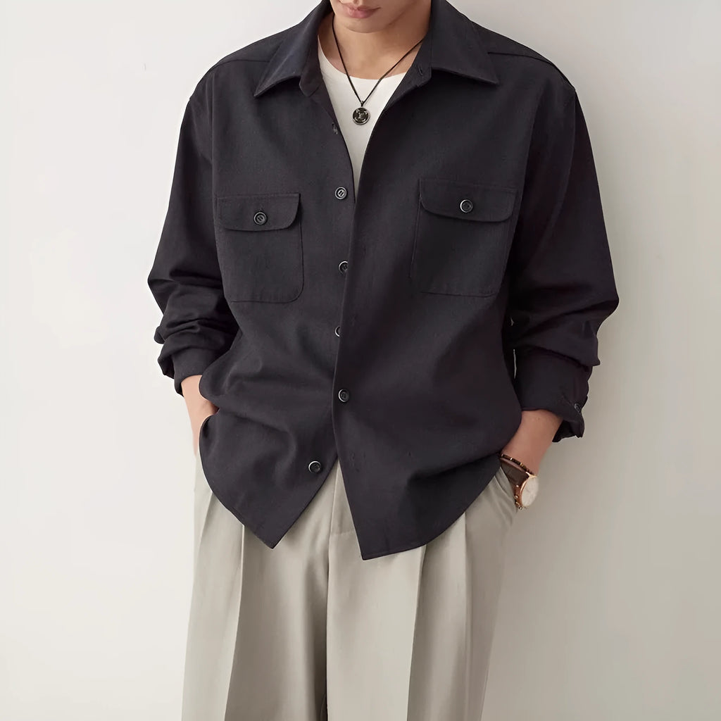 Men's light sand rice long sleeve casual shirt with a lapel collar, laid flat.