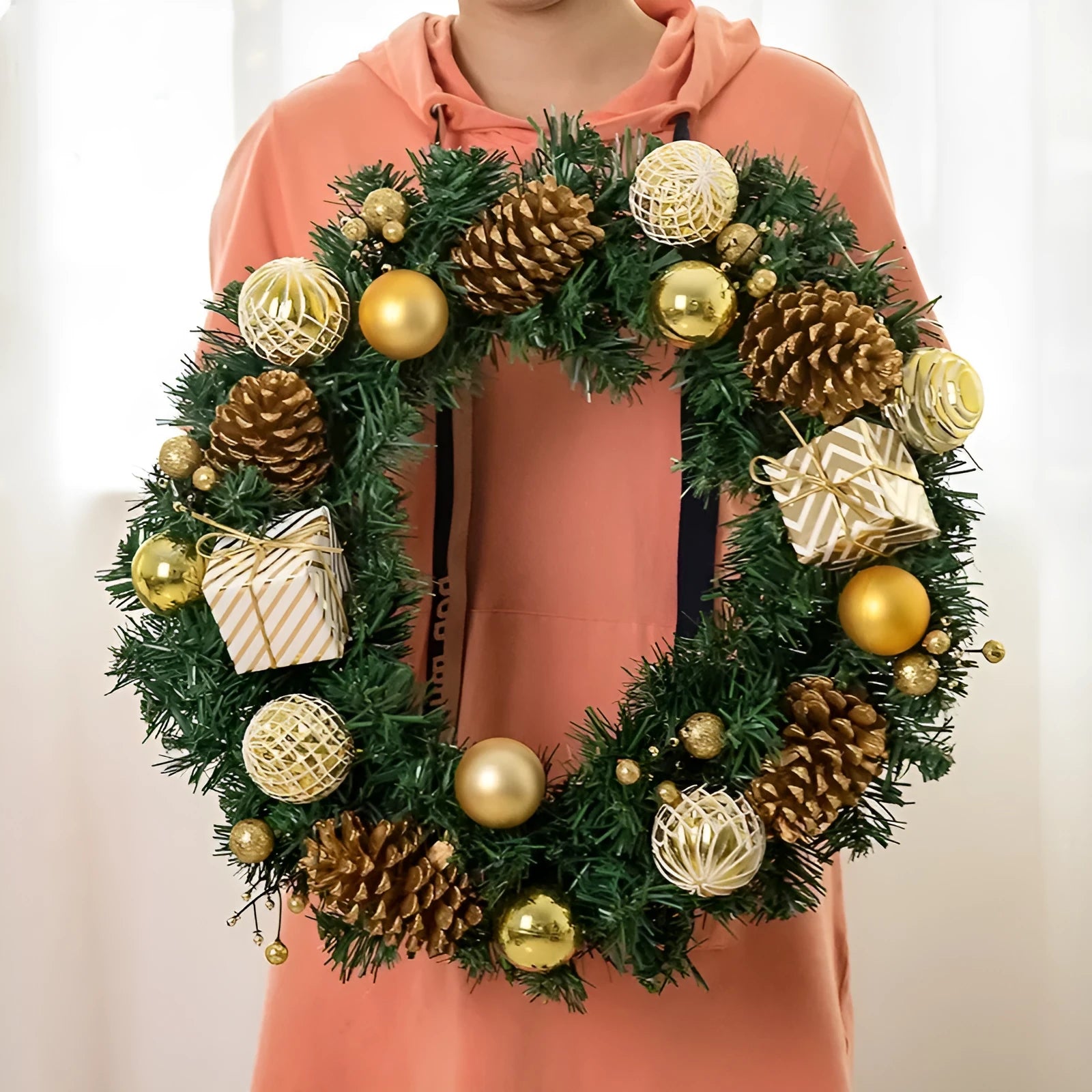 DIY rattan Christmas wreath ring door hanging decoration with red gift bag garland, PVC material, 25cm size