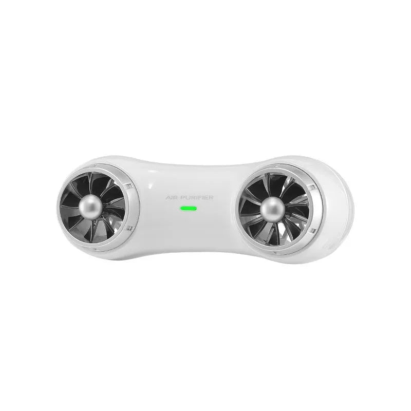 Compact black or white car air purifier with anion and aromatherapy functions for vehicle use.