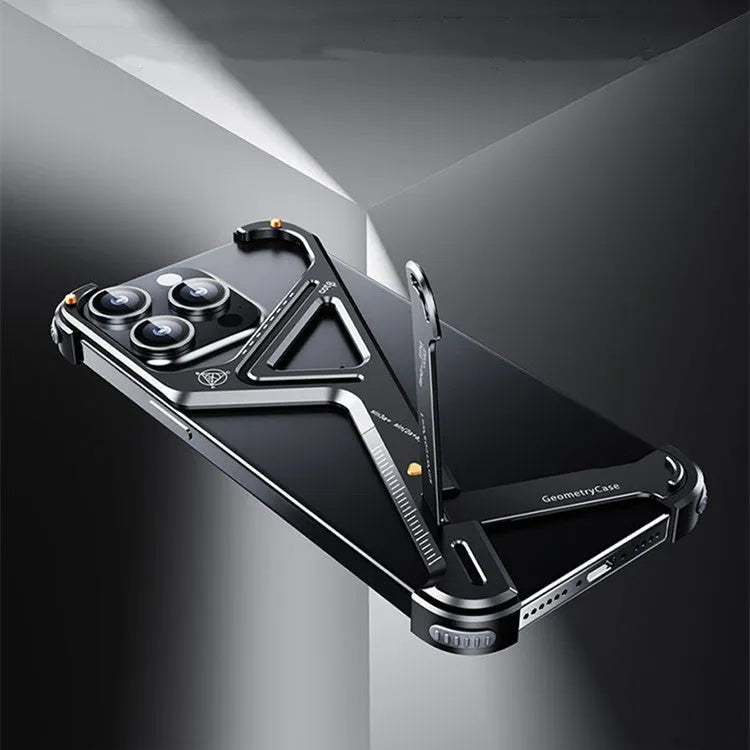 Metal borderless geometric phone case with built-in bracket for iPhone 15 Pro Max in silver