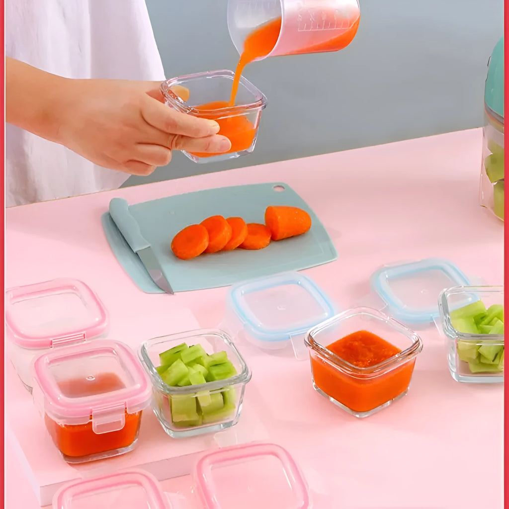 RREIAO infant food supplement box 160ml glass with blue silicone PP lid on white background