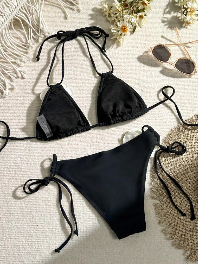 Black 3D flower pattern bikini swimsuit with drawstring waist and backless design