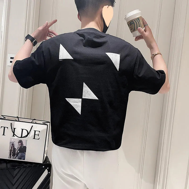 Men's summer heavy cotton loose pullover bottoming shirt in black and white colours