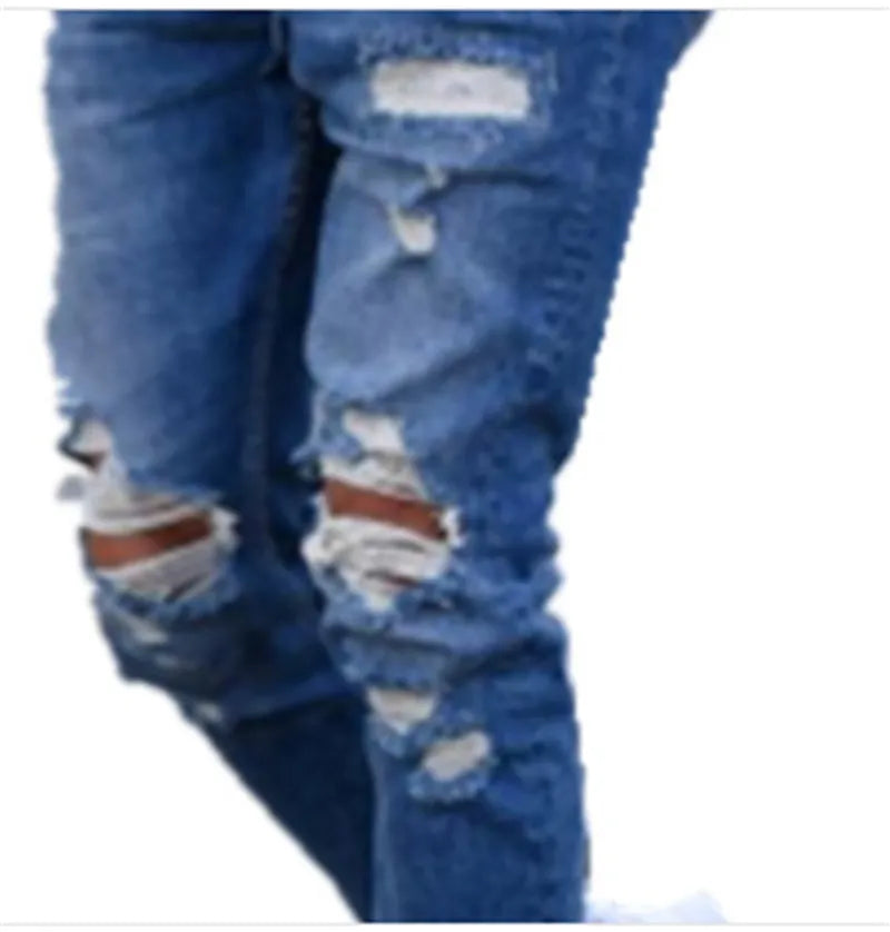 Men's deep blue hole distressed jeans in cotton fabric showing six available sizes