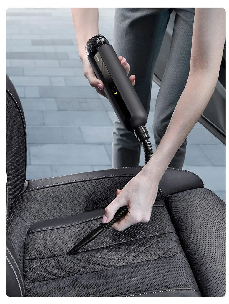 BASEUS wireless handheld car vacuum cleaner in black, white, or green with blowing hose.