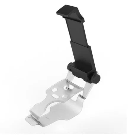 Black universal mobile phone holder clipped onto a car air vent, showing 360-degree rotation and clamp for smartphone