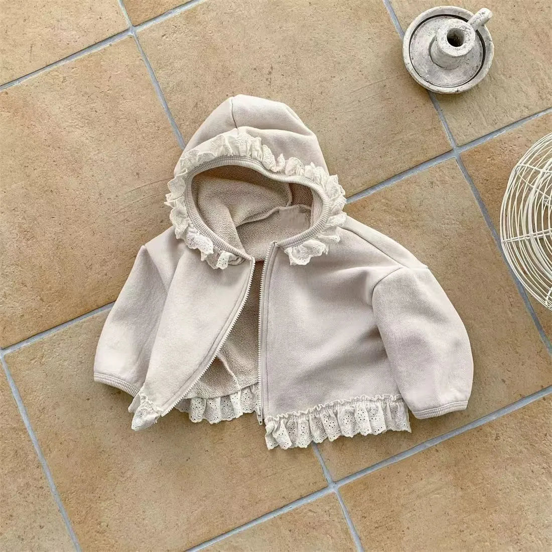 Children's lace hooded zipper sweatshirt in brown solid colour, long sleeves, cotton fabric