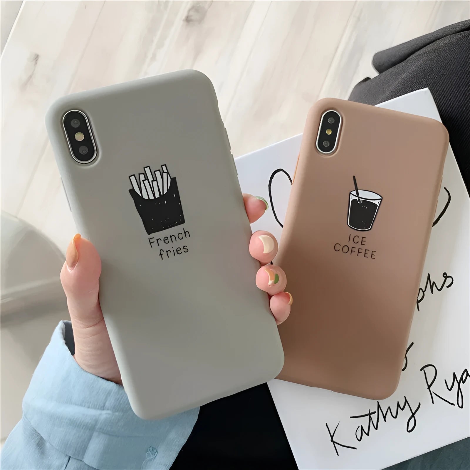 Soft matte silicone iPhone case showing ice coffee and french fries pattern designs