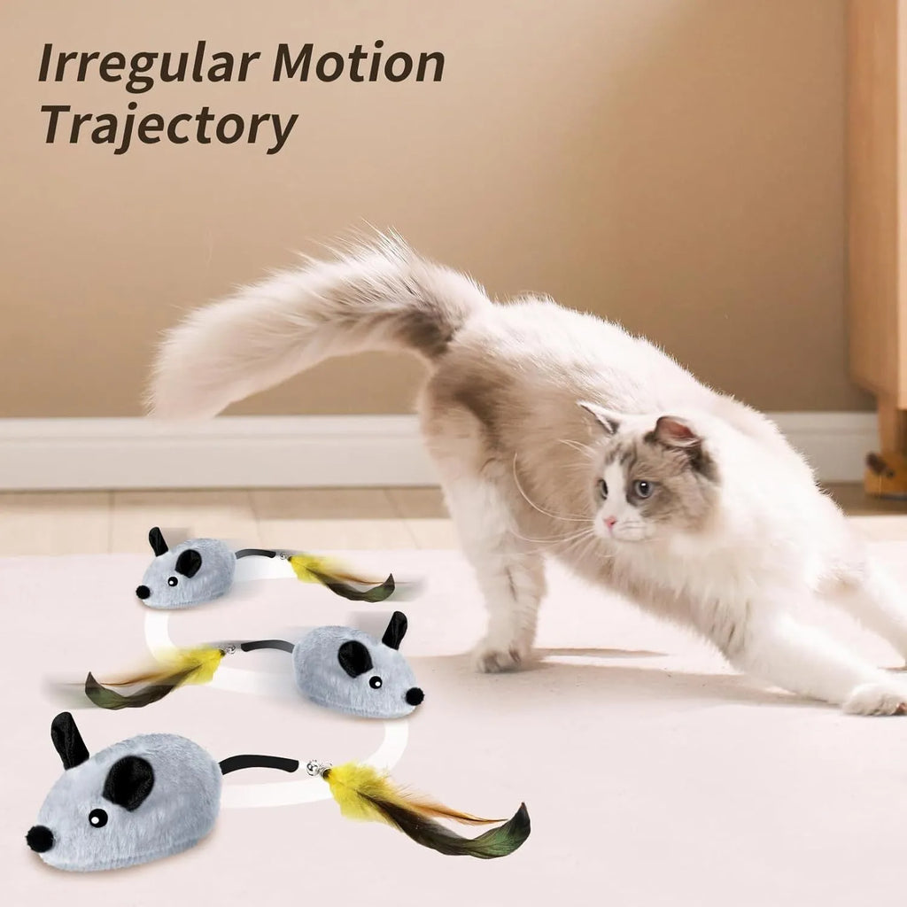 Interactive plush cat mouse toy with feather tail and LED lights for indoor feline enrichment