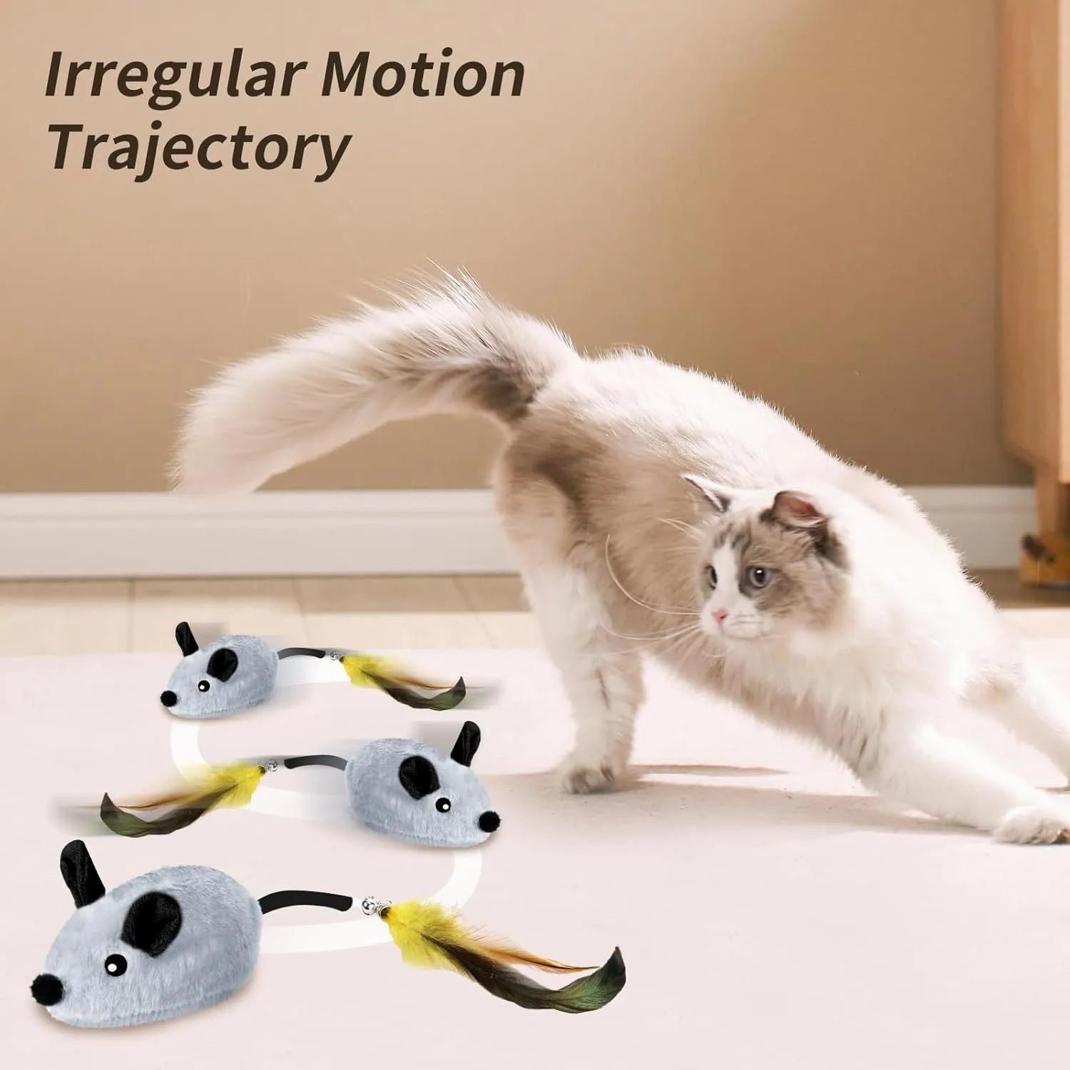 Interactive plush cat mouse toy with feather tail and LED lights for indoor feline enrichment