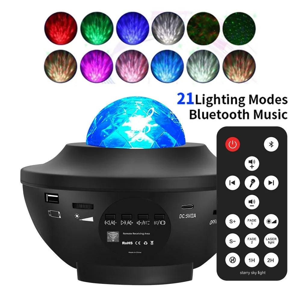 Black parallel style desktop atmosphere lamp projecting starry sky and water ripple laser effects.