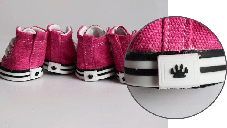 Pair of pet denim canvas dog shoes in navy blue with non-slip sole, size options 1-5 for small to medium dogs