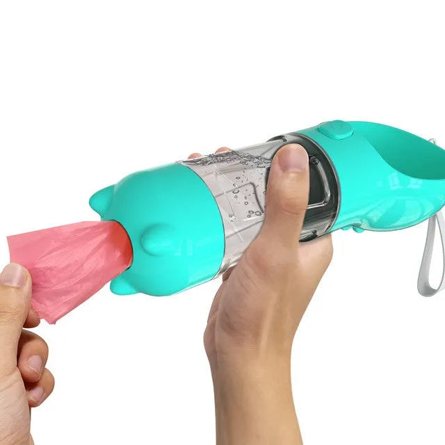 Pet multi-functional water bottle 300ml 500ml with food box, garbage bag, and side shovel in yellow, pink, blue, and green