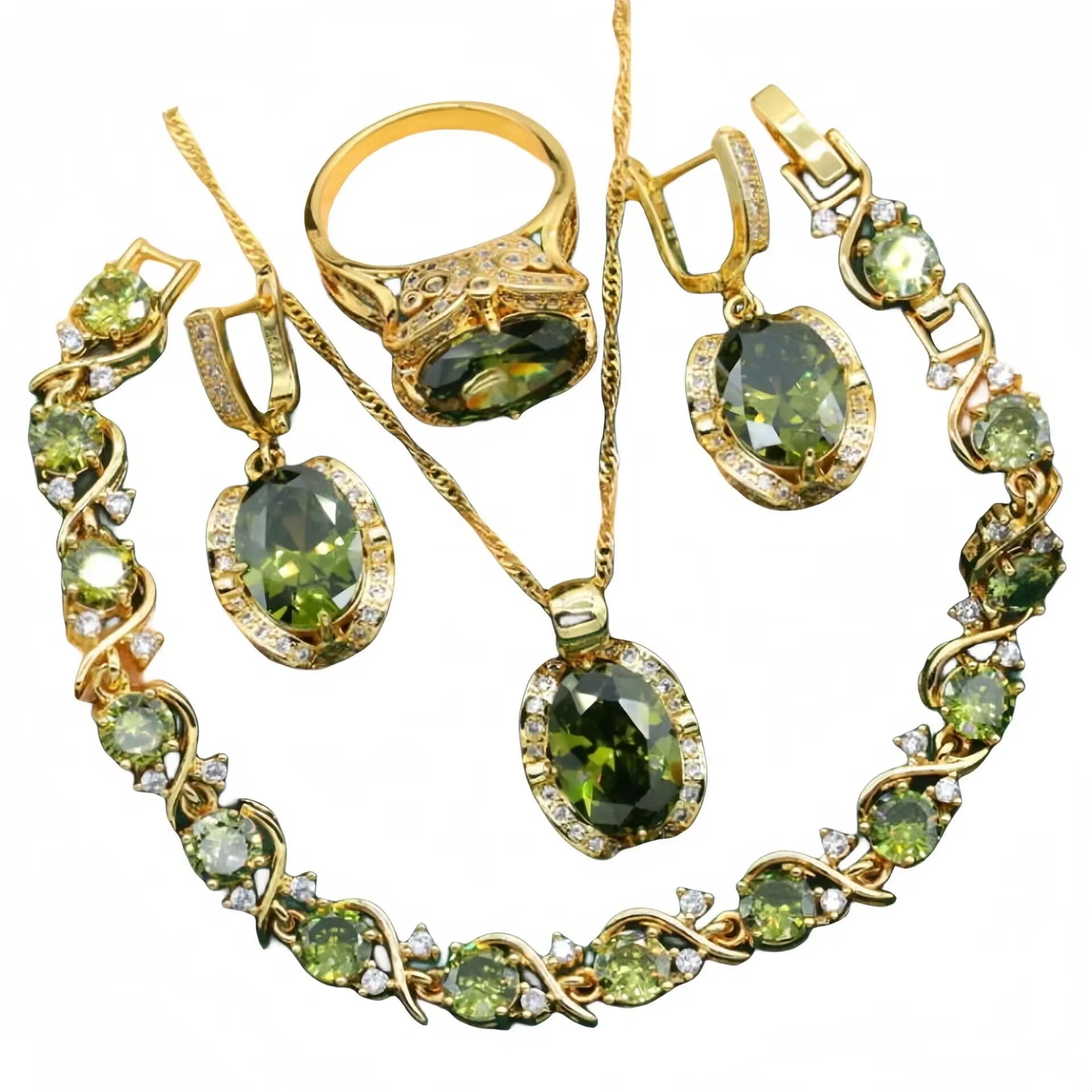 Women's full rhinestone zircon jewellery set with necklace, earrings and ring in olive green or red on snake bones chain