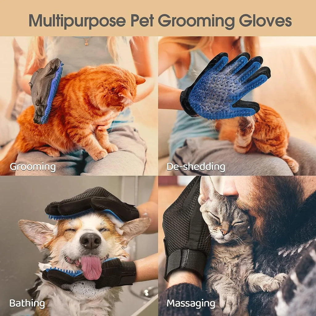 Blue silicone pet grooming glove with 255 fingertips for removing hair from dogs and cats.