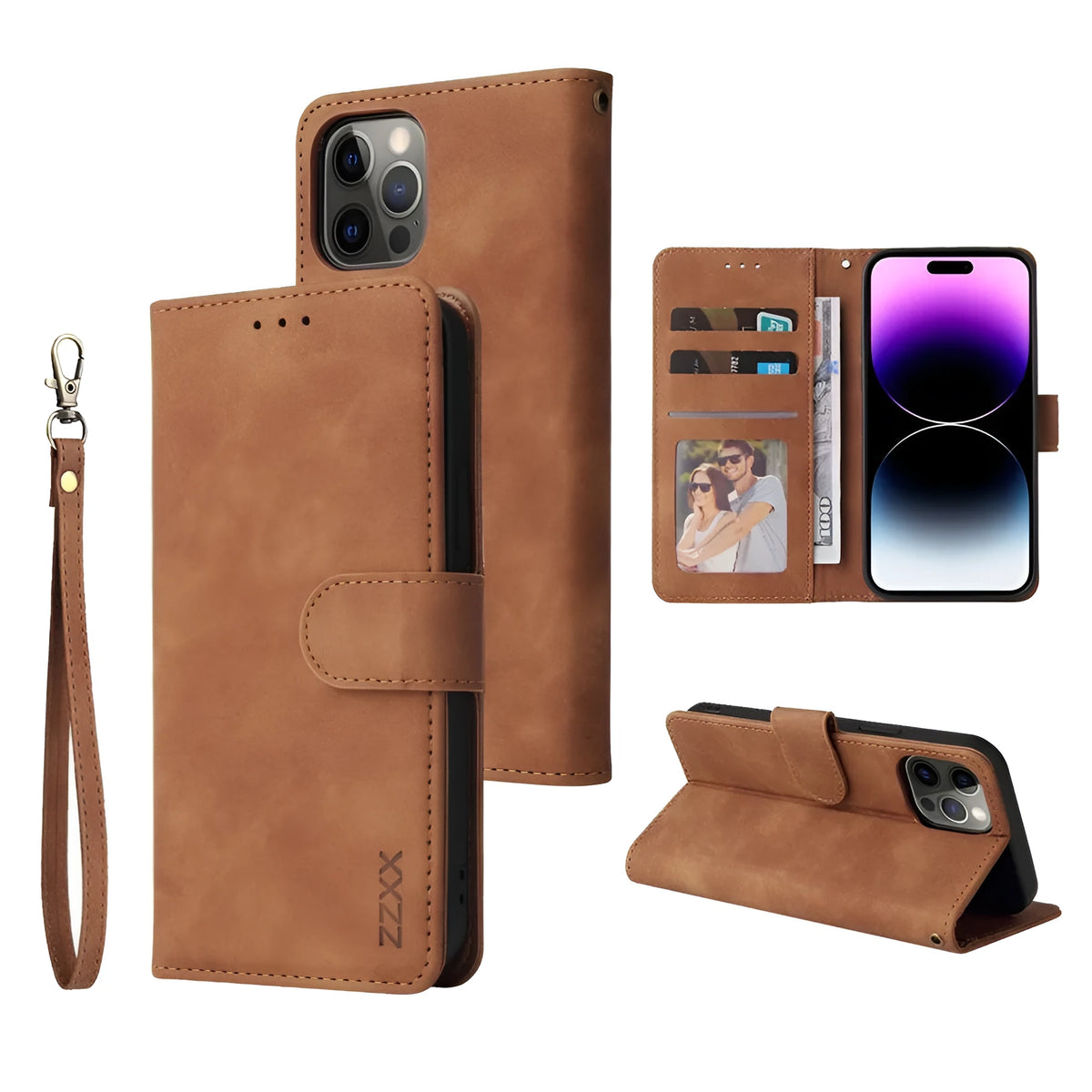 Flip wallet iPhone case with card holder, stand function, leather-style finish and TPU inner shell