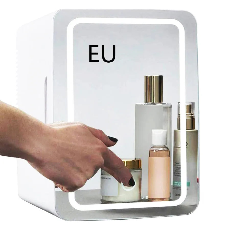 Mini makeup fridge in white with 22℃ to 65℃ cooler and warmer function, 12V and 220V power, removable shelf and 48W rating