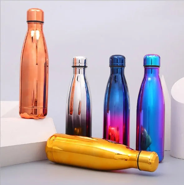 500ml stainless steel vacuum flask with double wall insulation and Coke bottle shape, shown as a thermal water bottle for hot and cold drinks.