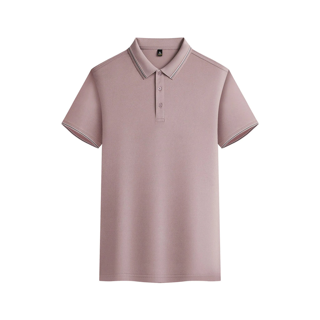 Men's navy blue short-sleeved polo shirt made from quick-dry polyester fabric for summer.