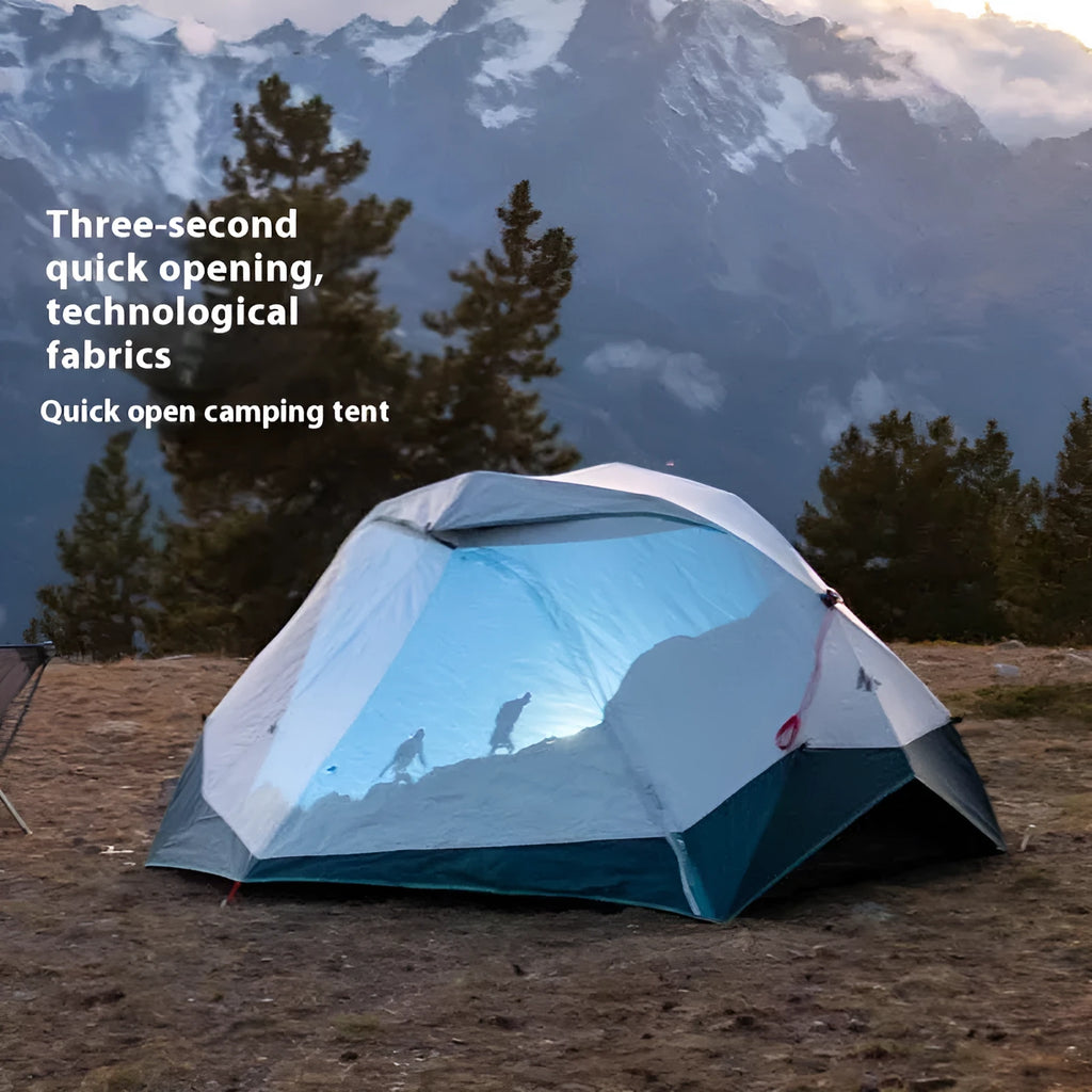 Quick-open blue and white camping tent for two people with FRP poles and polyester base