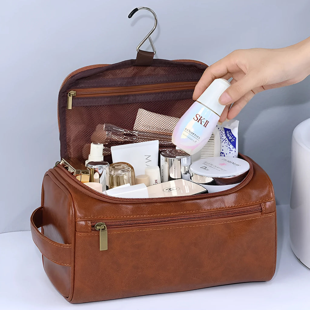 Large waterproof cosmetic bag in retro style, shown in brown PU leather and navy blue Oxford cloth options.