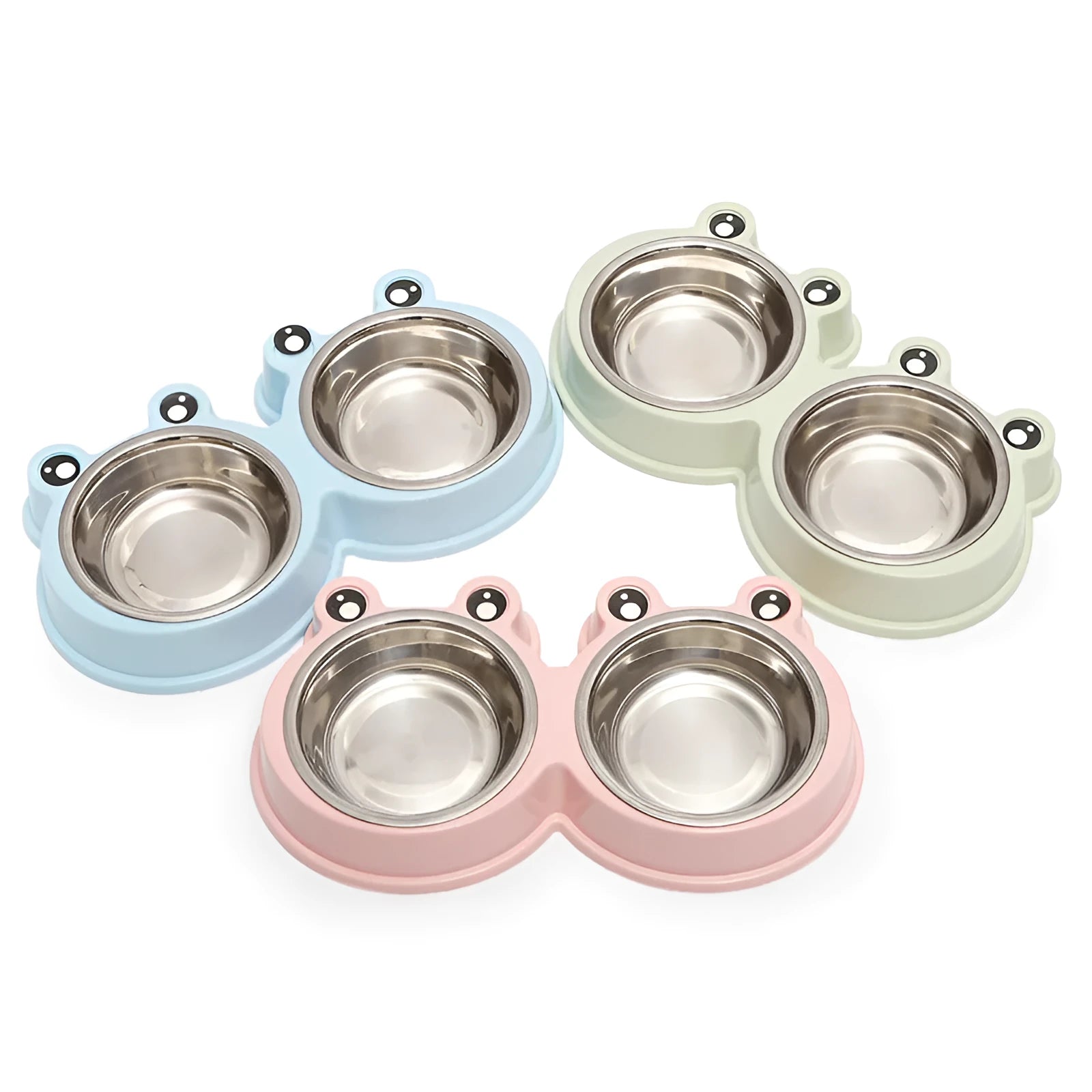 Stainless steel pet double bowl with frog design for food and water feeding