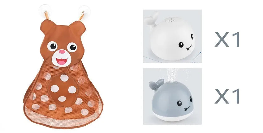 Electric whale-shaped bath spray toy with water-activated automatic spray, LED lights, and floating capability