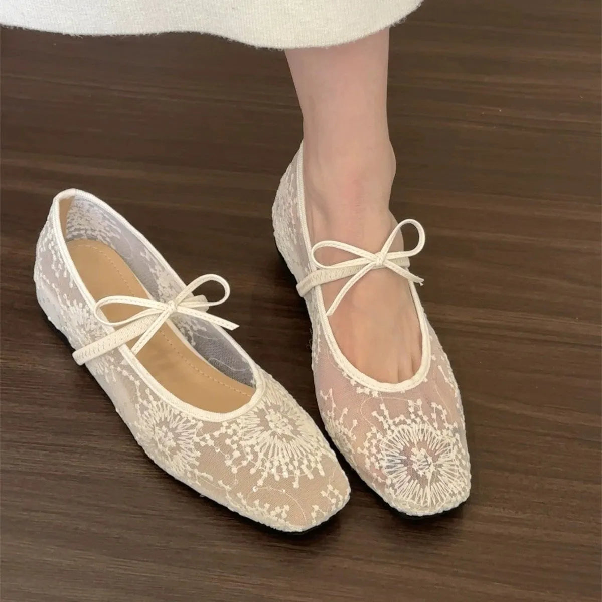 Women's spring mesh square toe Mary Jane pumps in solid colour with satin upper and rubber sole