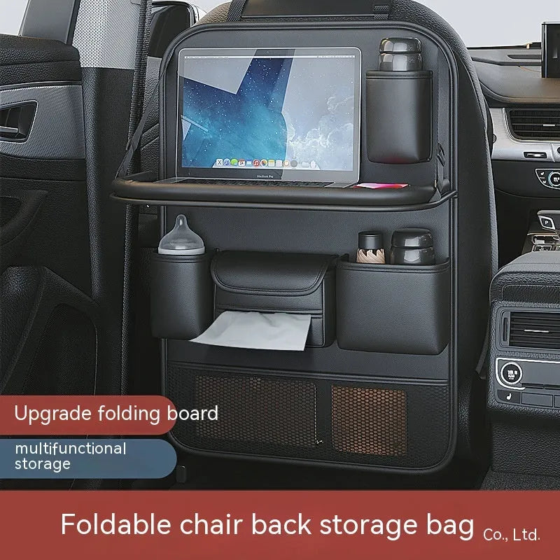 Car seat back storage bag with foldable dining table in waterproof leather construction