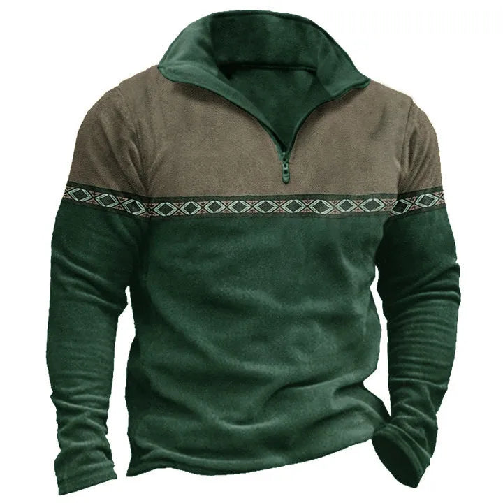 Men's retro patchwork patterned zip-front polo sweater in casual style