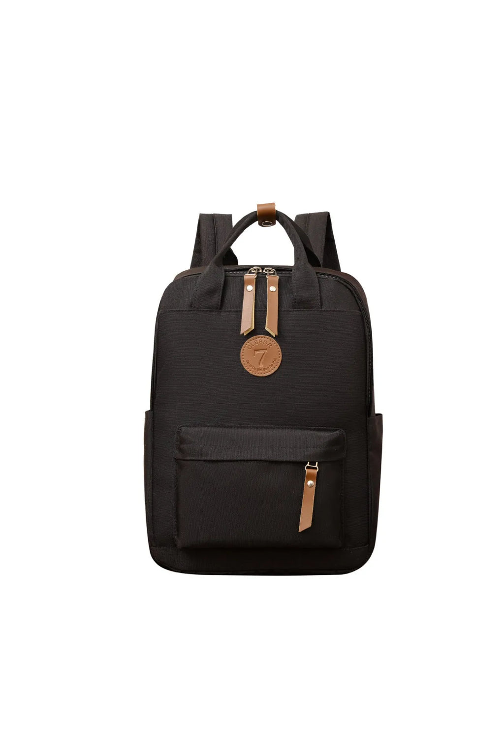 Black Oxford cloth fashion backpack with retro sewing thread detailing and curved shoulder straps