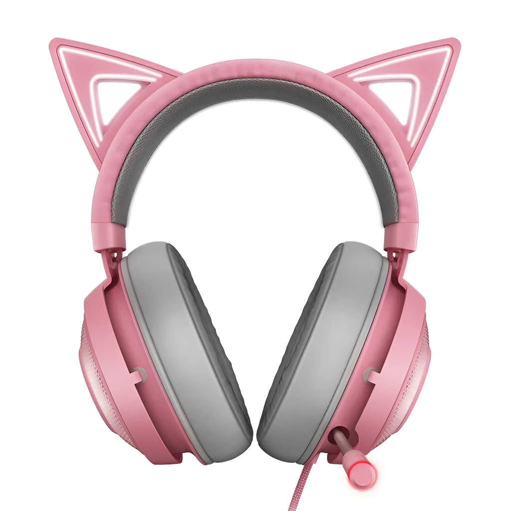 Pink glowing cat earphones with wired USB connection and LED lights on a head-mounted frame
