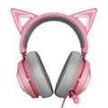 Pink glowing cat earphones with wired USB connection and LED lights on a head-mounted frame